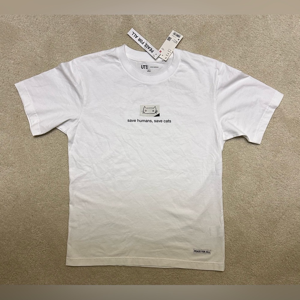 Haruki Murakami Uniqlo PEACE FOR ALL limited T-shirt CAT White Japan size MD